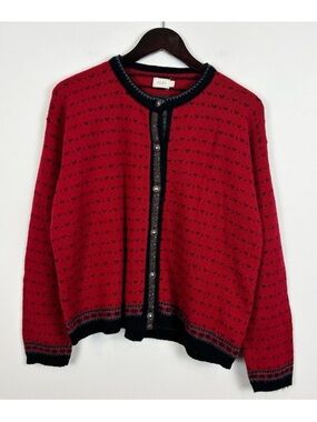 Vintage Alps 100% Wool Cardigan Sweater Size Large Red w/ Floral Trim